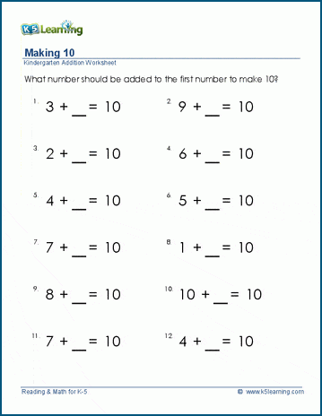 kindergarten math worksheets ways to make 10