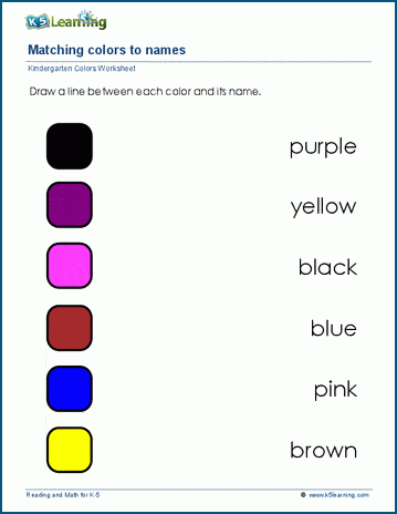 Kindergarten match colors to their names worksheet