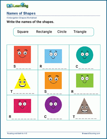 Kindergarten matching shapes to names worksheet