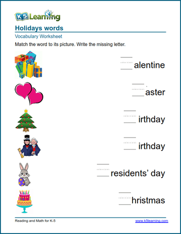 Holidays words worksheets | K5 Learning