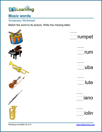 Music words worksheets | K5 Learning
