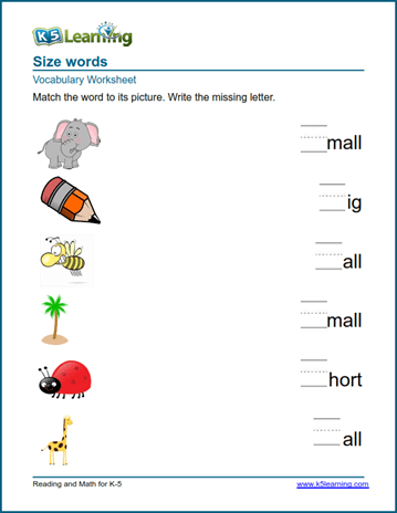 Size words worksheets | K5 Learning