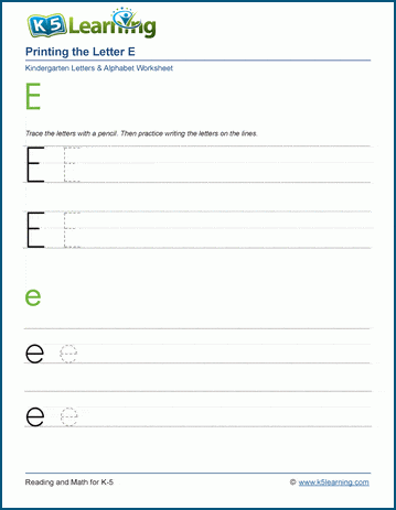Printing letters worksheet: Letter E e
