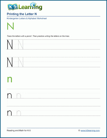 Printing letters worksheet: Letter N n