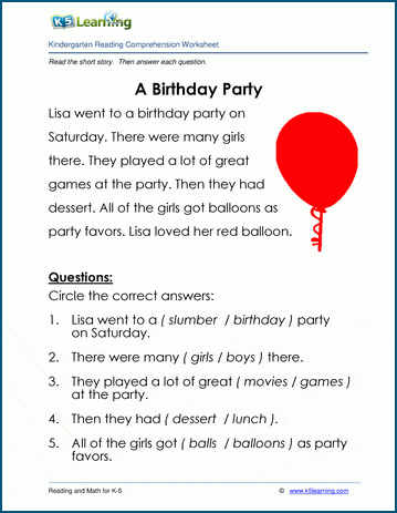 A Birthday Party - Children's Stories and Reading Worksheets | K5 Learning