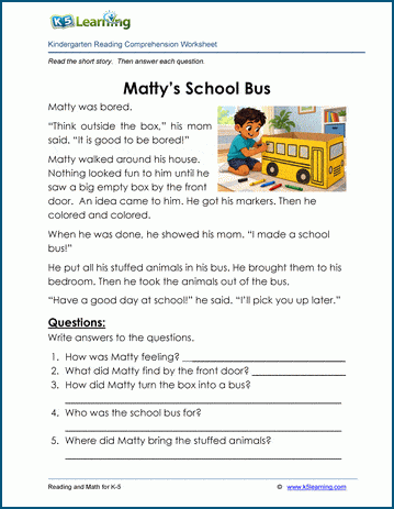 Matty's School Bus - Children's Stories and Reading Worksheets