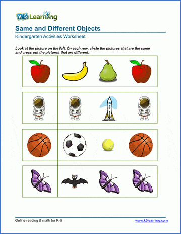 Free Preschool  Kindergarten quot;Same vs. Differentquot; Worksheets  K5 Learning