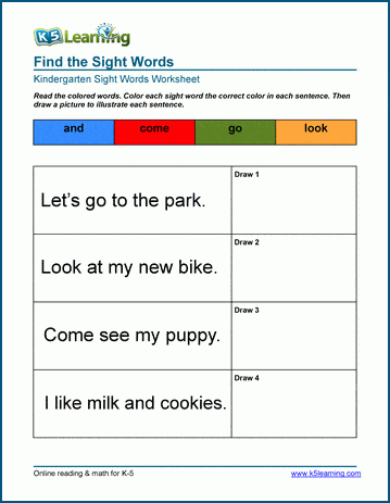 Kindergarten Sight Words Color and Draw Worksheet