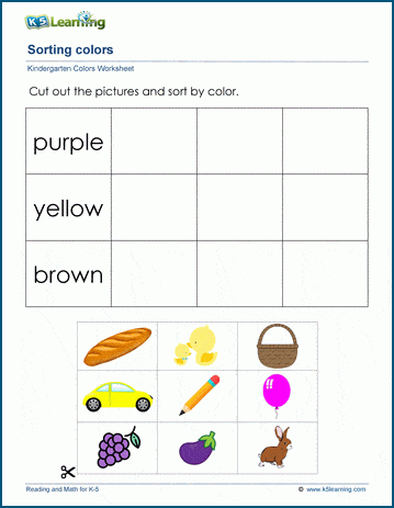 Cut out objects and match to colors worksheets