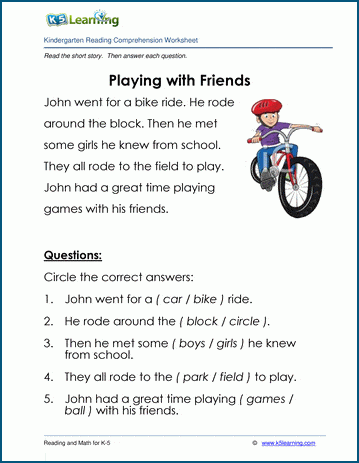 Kindergarten story and reading comprehension worksheet