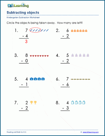 Count and subtract objects to 10 worksheet