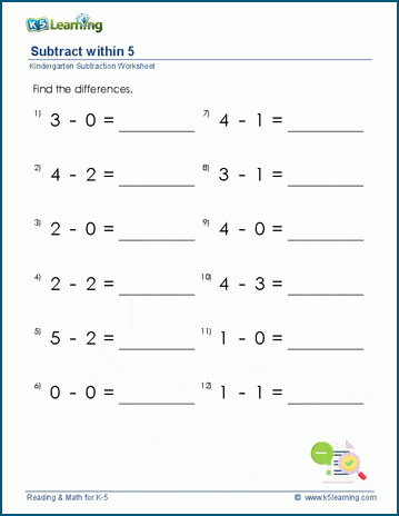 Subtract within 5 worksheets