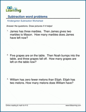 Subtraction word problems worksheets for kindergarten