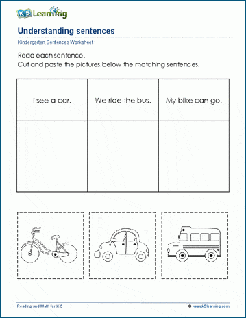 Cut and paste pictures to sentences worksheets