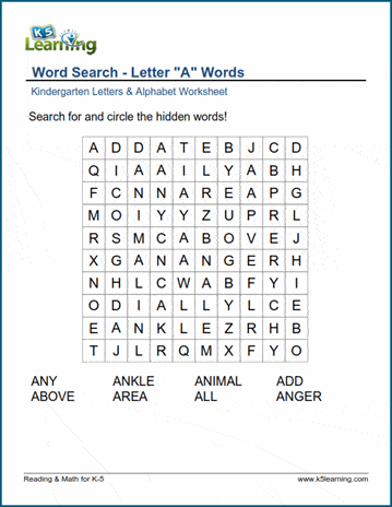 Kindergarten word search worksheet
