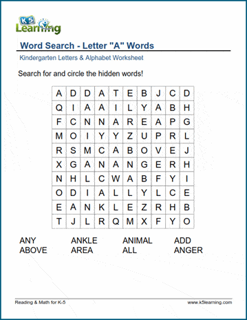 alphabet word search worksheets for preschool and kindergarten k5 learning