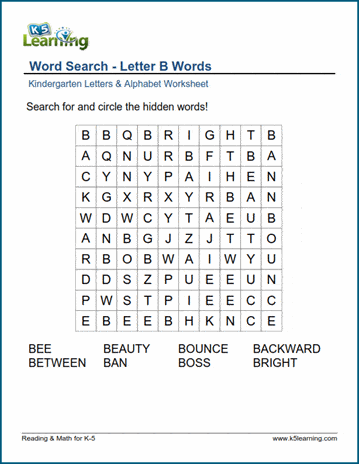 Words Beginning with B Wordsearch Worksheets