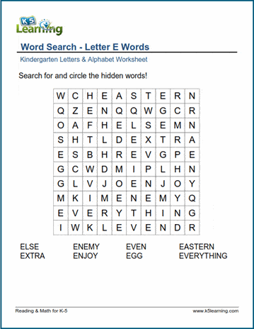 Word searches with Letter E words