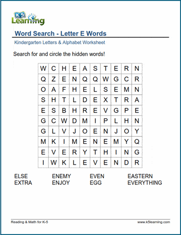 Word Search: Letter "E" Words | K5 Learning