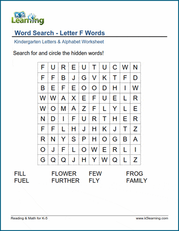 Word Search: Letter "F" Words | K5 Learning