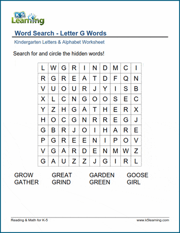 Word searches with Letter G words