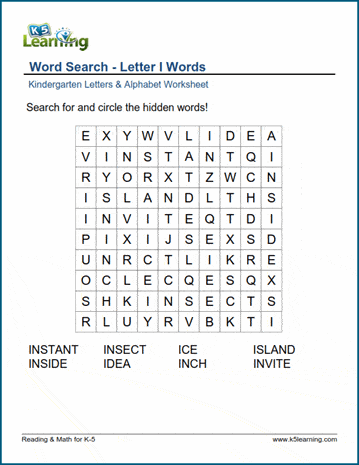 Word Search: Letter "I" Words | K5 Learning