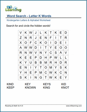 Word searches with Letter K words