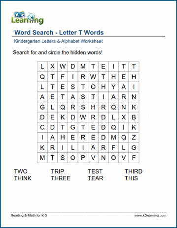 Word searches with Letter T words
