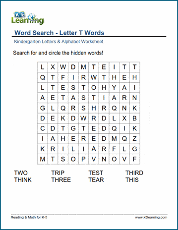 Word Search: Letter "T" Words | K5 Learning