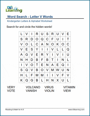 Word searches with Letter V words
