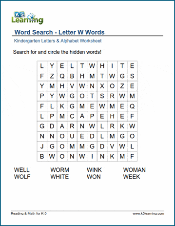 Word searches with Letter W words