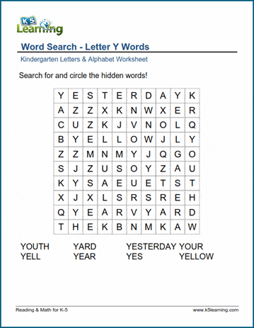 Word searches with Letter Y words