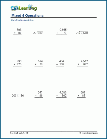 Mixed 4 Operations (2-4 digits) worksheet 