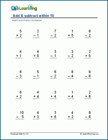 Add & subtract within 10 worksheet