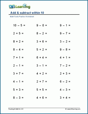 Add & subtract within 10 (horizontal) worksheet