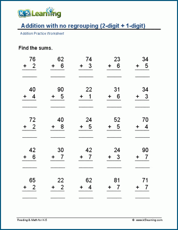 2-digit plus 1-digit addition (no regrouping) worksheet