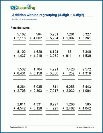 4-digit addition (no regrouping) worksheet