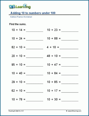 Adding ten to numbers under 100 worksheet