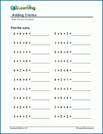 Adding 3 terms worksheet