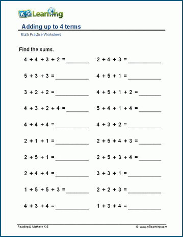 Adding up to 4 terms worksheet