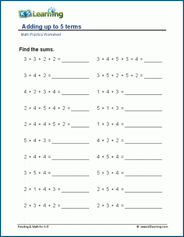 Adding up to 5 terms worksheet