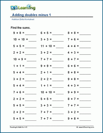 Adding doubles minus 1 worksheet