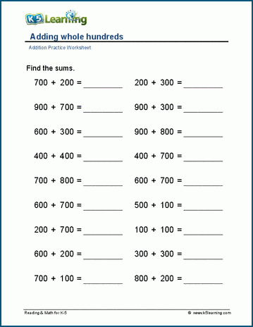 Adding whole hundreds  worksheet