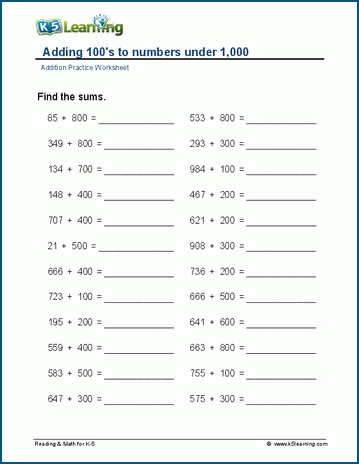 Adding 100s to numbers worksheet