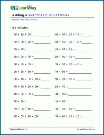 Adding whole tens (up to 4 terms) worksheet