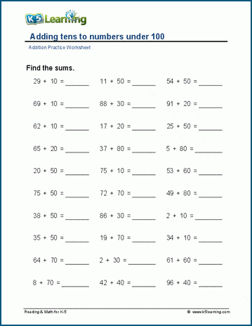 Adding whole tens to numbers worksheet