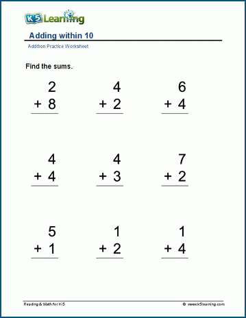 Sums of 10 or less worksheet