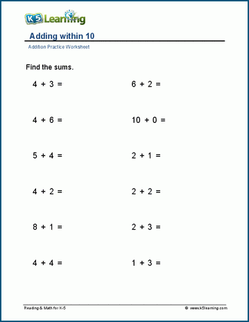 Adding within 10 (horizontal) worksheet