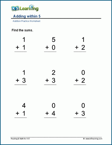 Sums 5 or less worksheet.