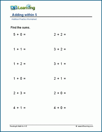 Adding within 5 (horizontal) worksheet